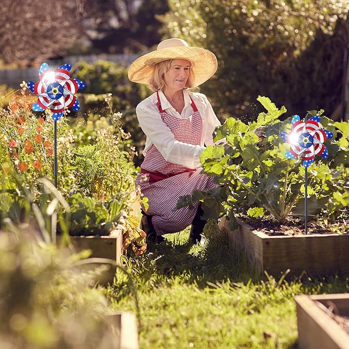 BATTIFE 10 Packs Patriotic Sparkly Reflective Pinwheels for Yard and Garden, American Flags Blinding Birds Pin Wheel Scare Birds & Animal Away, Wind Spinner for 4th of July-VerdiqueGarden