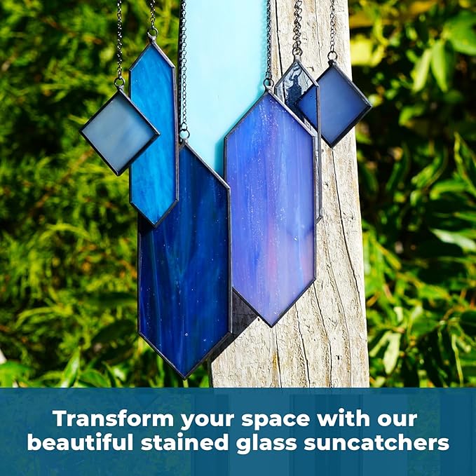 Stained Glass Window Hanging Sun Catcher - Blue Wall Art, Earth Tones Modern Design, Fully Assembled, Ready to Hang, Home or Garden Decor-VerdiqueGarden