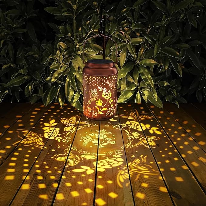 2 Pack Solar Lanterns Outdoor Waterproof, Butterfly Rose Garden Decor Birthday Gifts for Women Mom Grandma Hanging Solar Lights Metal Solar Decoration Outside for Yard, Patio, Lawn, Pathway-VerdiqueGarden