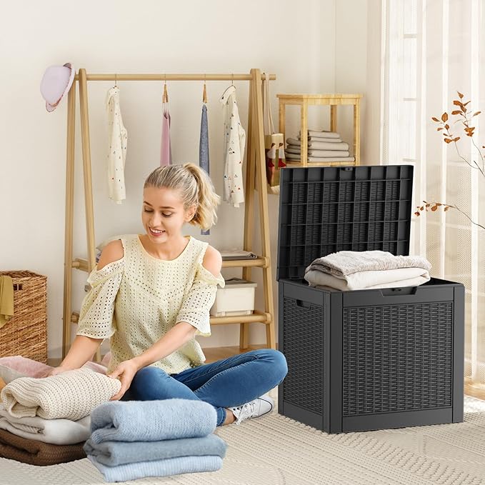 30 Gallon Resin Deck Box, Lockable Patio Outdoor Storage Box for Furniture, Garden Tools and Tools Storage, Waterproof Outside Storage Boxes - Black-VerdiqueGarden