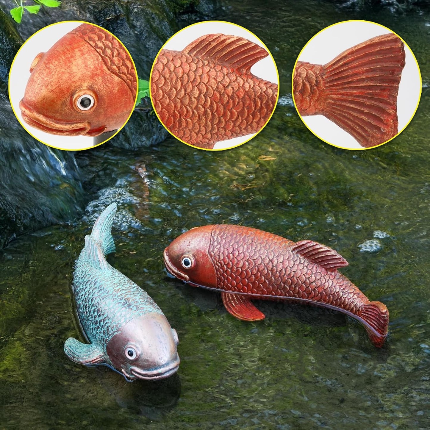 10.8" Resin Koi Pond Kit, 2Pcs Antique Koi Fish Garden Statues, Yard Pond Decor, Large Outdoor Statues Ornaments, Real Fish Sculpture Art, Garden for Outdoors-VerdiqueGarden