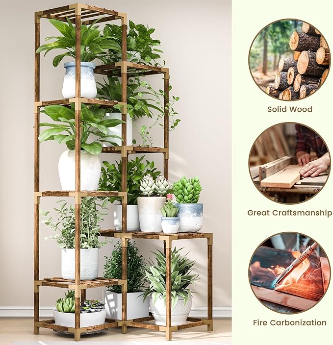 HOMKIRT Tall Corner Plant Stand with Grow Lights, Plant Shelf Indoor for Multiple Plants, Wood Plant Ladder Rack Holder Display Flower Stand for Living Room Balcony-VerdiqueGarden