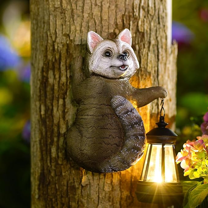 Raccoon Tree Hungger with Solar Lantern - 7.4 Inch Raccoon Outdoor Statue for Garden Yard Decor Outside,Best Garden Gifts for Mom,Women-VerdiqueGarden
