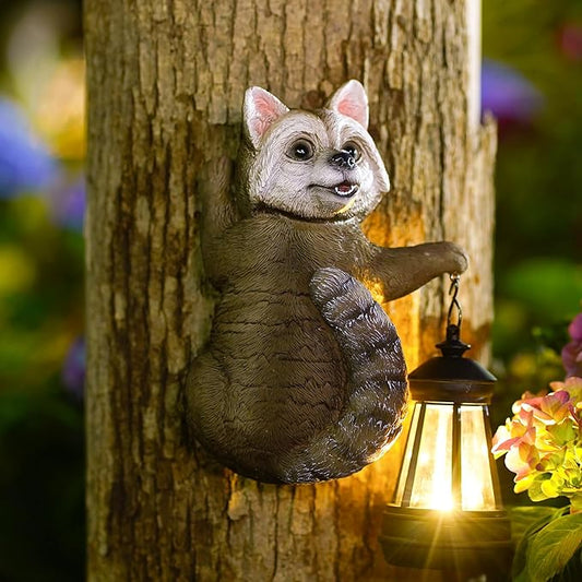 Raccoon Tree Hungger with Solar Lantern - 7.4 Inch Raccoon Outdoor Statue for Garden Yard Decor Outside,Best Garden Gifts for Mom,Women-VerdiqueGarden