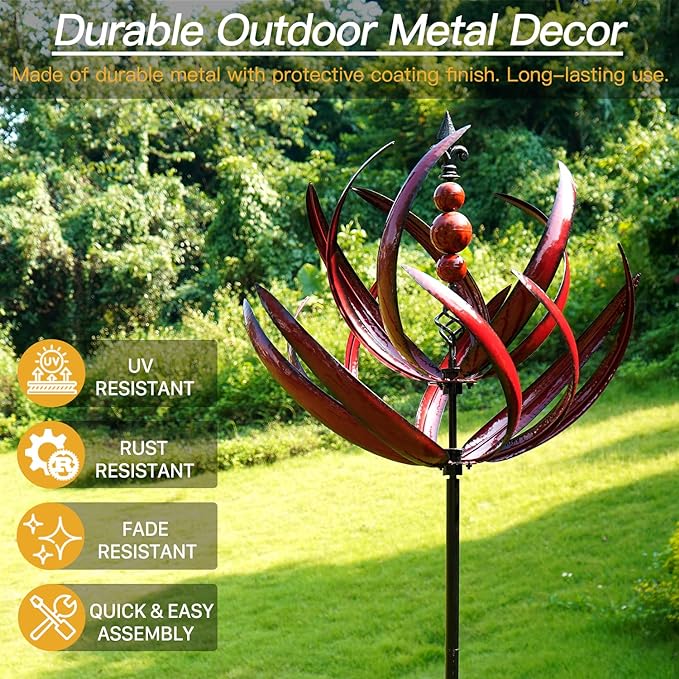 Yard Garden Wind Spinners - Large Outdoor Metal Wind Spinners Sculptures, Lawn Yard Art Garden Decor (Burgundy Lotus)-VerdiqueGarden