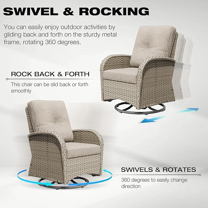 Joyside Outdoor Swivel Rocker Chairs, 6 Piece Wicker Patio Set with Thick Cushion and Side Table, Rattan Patio Swivel Rocking Chairs for Porch, Deck Use (Natural/Beige, 6 PCS)-VerdiqueGarden