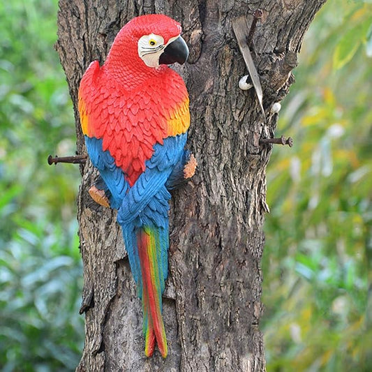 Parrot Decor Tiki Decorations for Outside Patio, Large Realistic Parrot Statues for Pool Deck Garden Yard Lawn, Lifelike Bird Sculpture Tropical Animal Figurines for Tree Wall Decor(Red)-VerdiqueGarden