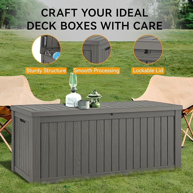 NUNU LAB 180 Gallon Outdoor Storage Box,Large Resin Sturdy Deck Box, Backyard Outside Storage Box Waterproof with Double Wall Panels,Package Delivery Garden Hose Storage Bin Outdoor Tool,Grey-VerdiqueGarden