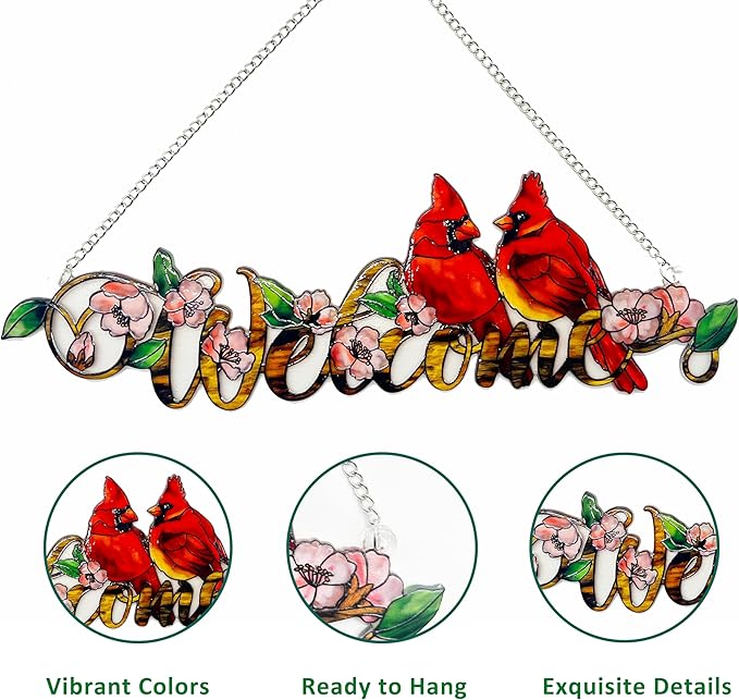 Welcome with Red Cardinal Suncatcher Red Bird Stained Glass Suncatchers Window Hanging Ornament for Home Decor Indoor Wall Art for Mother's Day Women Mom Birds Lovers Friends (Welcome)-VerdiqueGarden