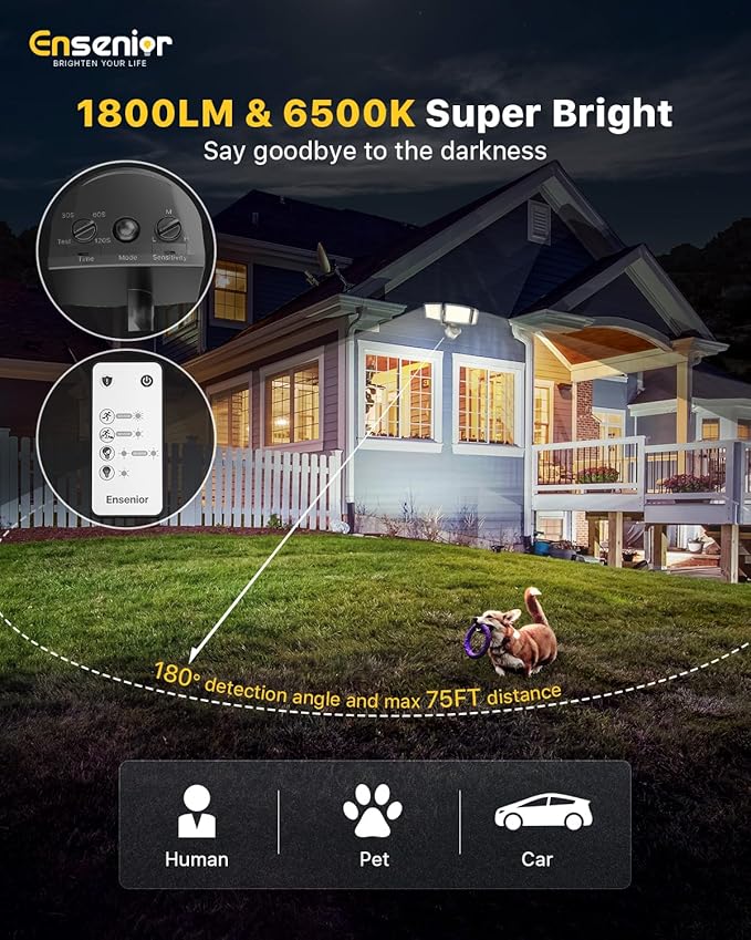 Ensenior 5 Motion Sensor Modes Solar Security Light, 1800LM 270° Wide Angle 3 Heads LED Flood Lights, IP65 Waterproof Wall Lights, Separate Solar Panel Remote Control Solar Lights Outdoor-VerdiqueGarden