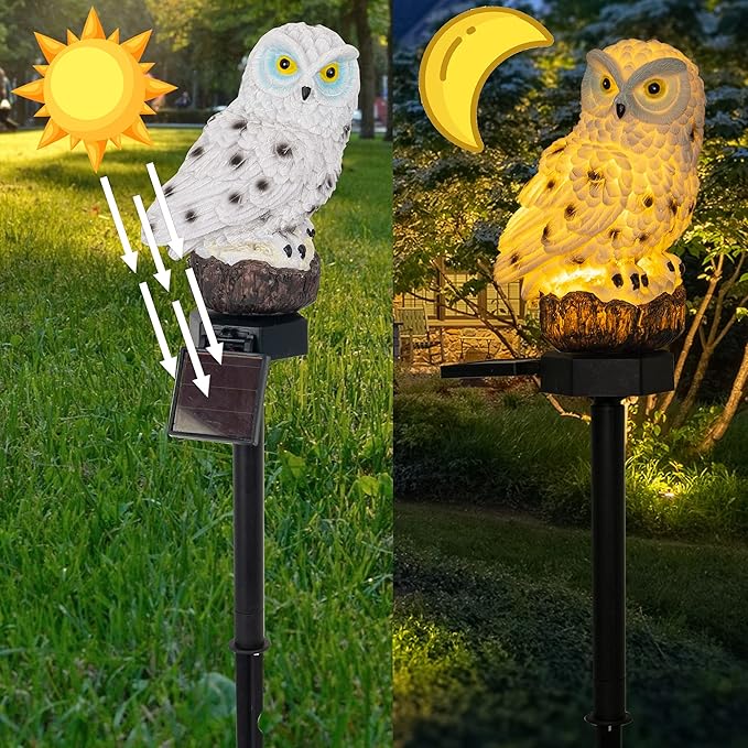 Dazzle Bright 2 Pack Owl Figure Solar LED Lights, Resin Garden Waterproof Decorations with Stake for Outdoor Yard Pathway Outside Patio Lawn Decor to Scare Birds Away, Gifts for Women, Owl Lovers-VerdiqueGarden