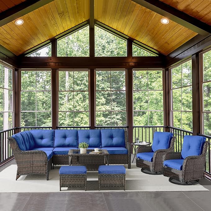 Outdoor Furniture Sectional Sofa L Shaped Couch - Patio Wicker Set with 2 Swivel Glider Chairs, 8 Piece Rattan Patio Conversation Sets with Blue Cushion for Deck Backyard Sunroom-VerdiqueGarden