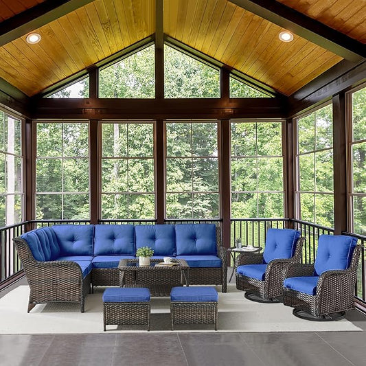 Outdoor Furniture Sectional Sofa L Shaped Couch - Patio Wicker Set with 2 Swivel Glider Chairs, 8 Piece Rattan Patio Conversation Sets with Blue Cushion for Deck Backyard Sunroom-VerdiqueGarden