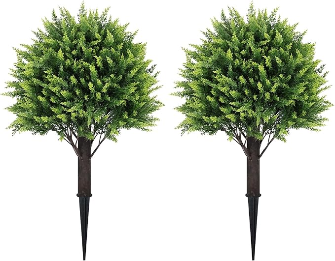 24" Artificial Cedar Topiary Ball Bushes, Set of 2 UV Resistant Fake Trees Outdoor Shrubs with Ground Spike, Weatherproof Faux Plants for Planter, Front Porch, Garden, Yard, Patio Decor-VerdiqueGarden
