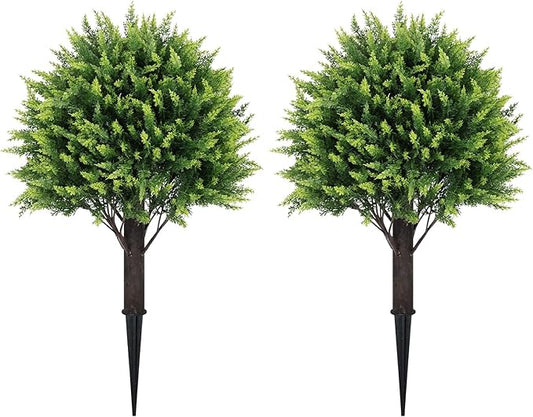 24" Artificial Cedar Topiary Ball Bushes, Set of 2 UV Resistant Fake Trees Outdoor Shrubs with Ground Spike, Weatherproof Faux Plants for Planter, Front Porch, Garden, Yard, Patio Decor-VerdiqueGarden