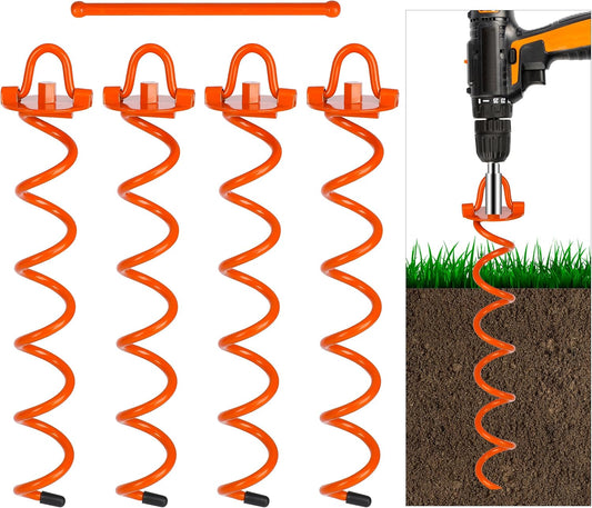 FEED GARDEN 16 Inch Spiral Ground Anchors Heavy Duty Screw in Spiral Stakes, 4 Pack Folding Ring Ground Stakes for Securing Dogs,Tents, Trampolines, Canopies, Swing Sets, Orange-VerdiqueGarden