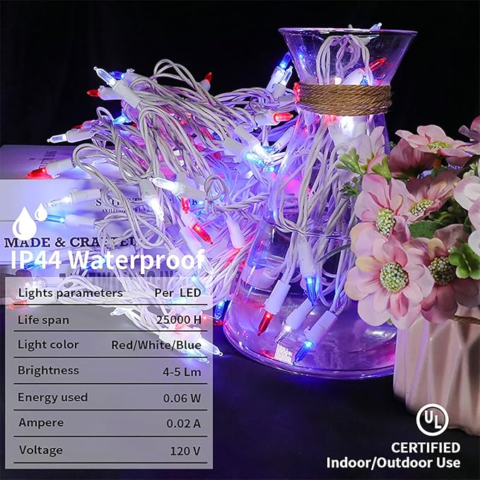 Red White and Blue Christmas LED Lights - 2 Pack 100 Count 4th of July Mini String Lights for Tree, Party, Memorial Day Decorations, 2 Sets 33 Feet White Wire, UL Certified, Connectable-VerdiqueGarden