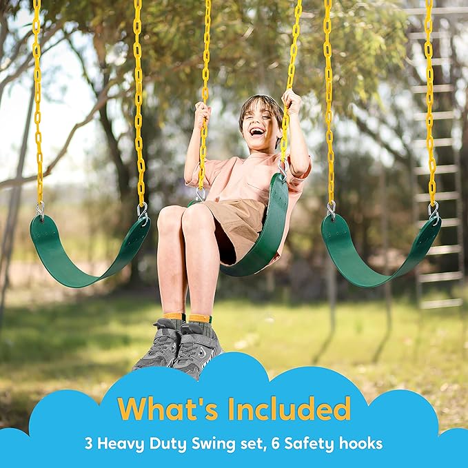TURFEE 3 Pack Green Swing Seats Heavy Duty with 66" Chain, Swing Set Accessories Replacement with Snap Hooks for Kids Outdoor Play Playground, Trees, Backyard (Limit 300lb)-VerdiqueGarden