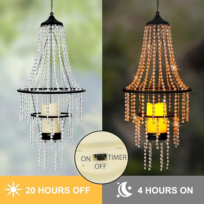 Battery Operated Hanging Chandelier Outdoor Indoor, 28” Modern Acrylic Crystal Hanging Beaded Lantern with Led Candle Light, Pendant Lights Decor for a Gazebo, Garden, Backyard, Patio, Balcony, Porch-VerdiqueGarden