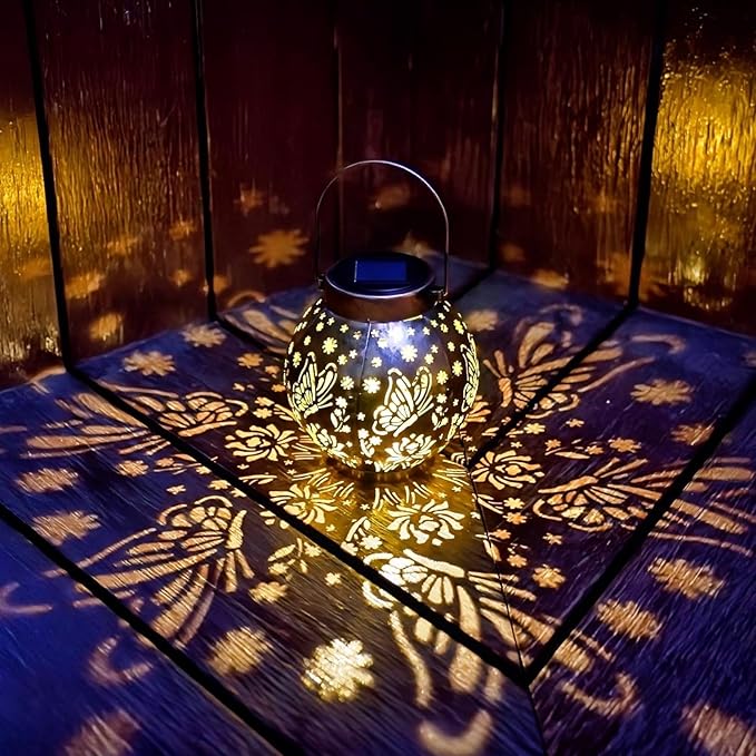 2 Pack Outdoor Solar Hanging Lantern Lights Metal LED Decorative Lamp for Garden Patio Porch Lawn and Table.Unique Gifts for Women Gardening. (Bronze Butterfly)-VerdiqueGarden