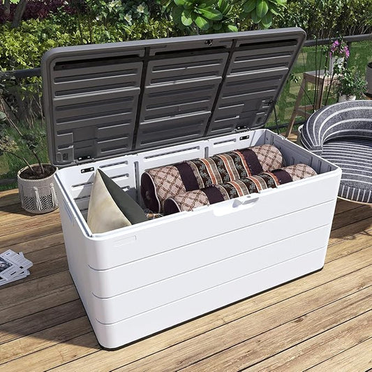 Heavy-Duty 100 Gallon Outdoor Storage Box - Waterproof Deck Box & Large Storage Bin for Patio/Pool, All-Weather Resin Chest with Lock, UV-Resistant, Alpine White-VerdiqueGarden