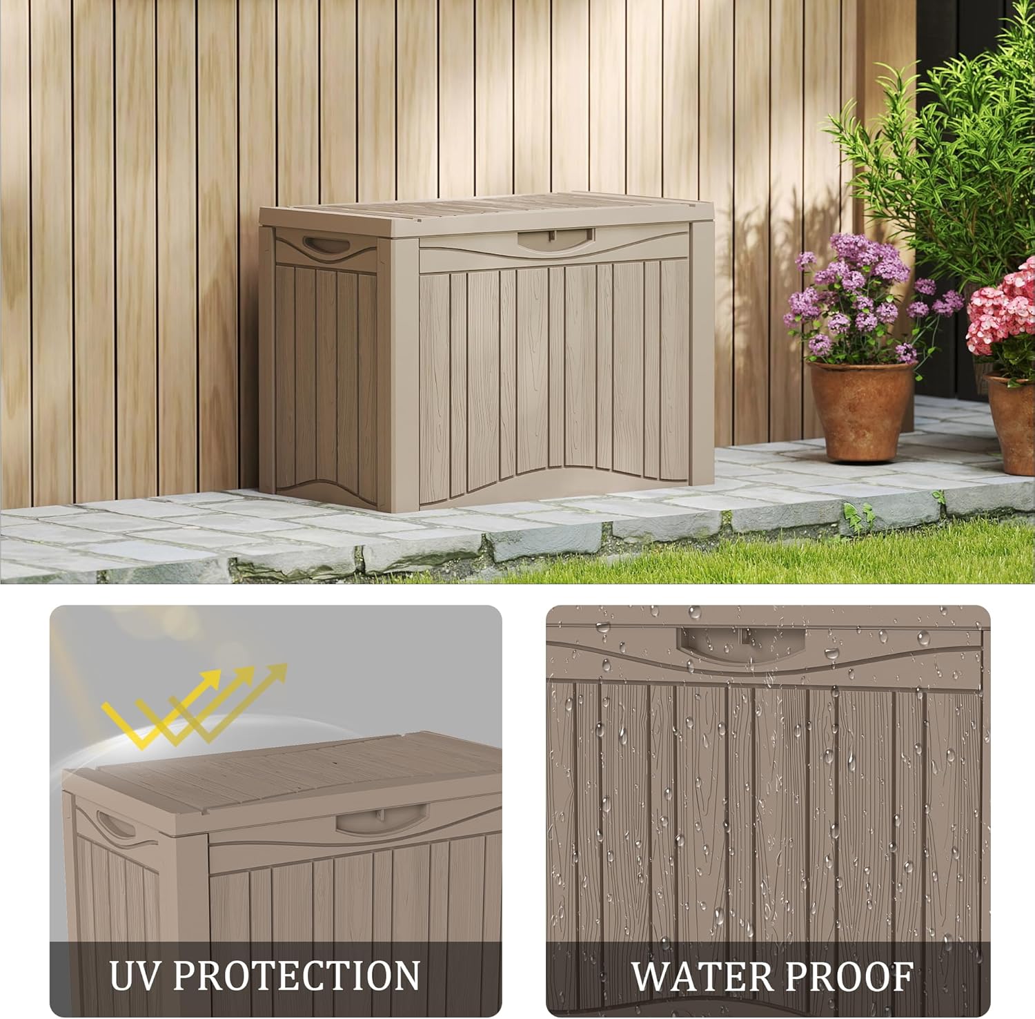 50 Gallon Plus Waterproof Outdoor Storage Bin Resin Deck Box for Patio, Poolside, and Garden, Lockable & UV-Resistant, Ideal for Small Spaces, Grey-VerdiqueGarden