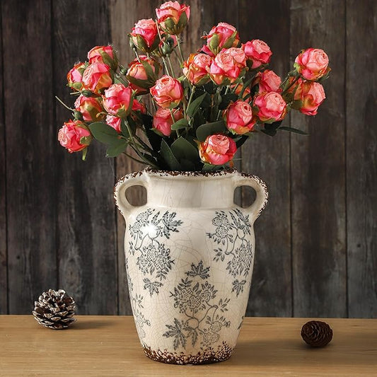 Enra Vintage vase with Handle,9.4 inch Blue and White Ceramic Decorative Flower vase, Chinoiserie Floral Vase,Large Rustic Vases for Home Decors, Living Room, Bookshelf, Office-VerdiqueGarden