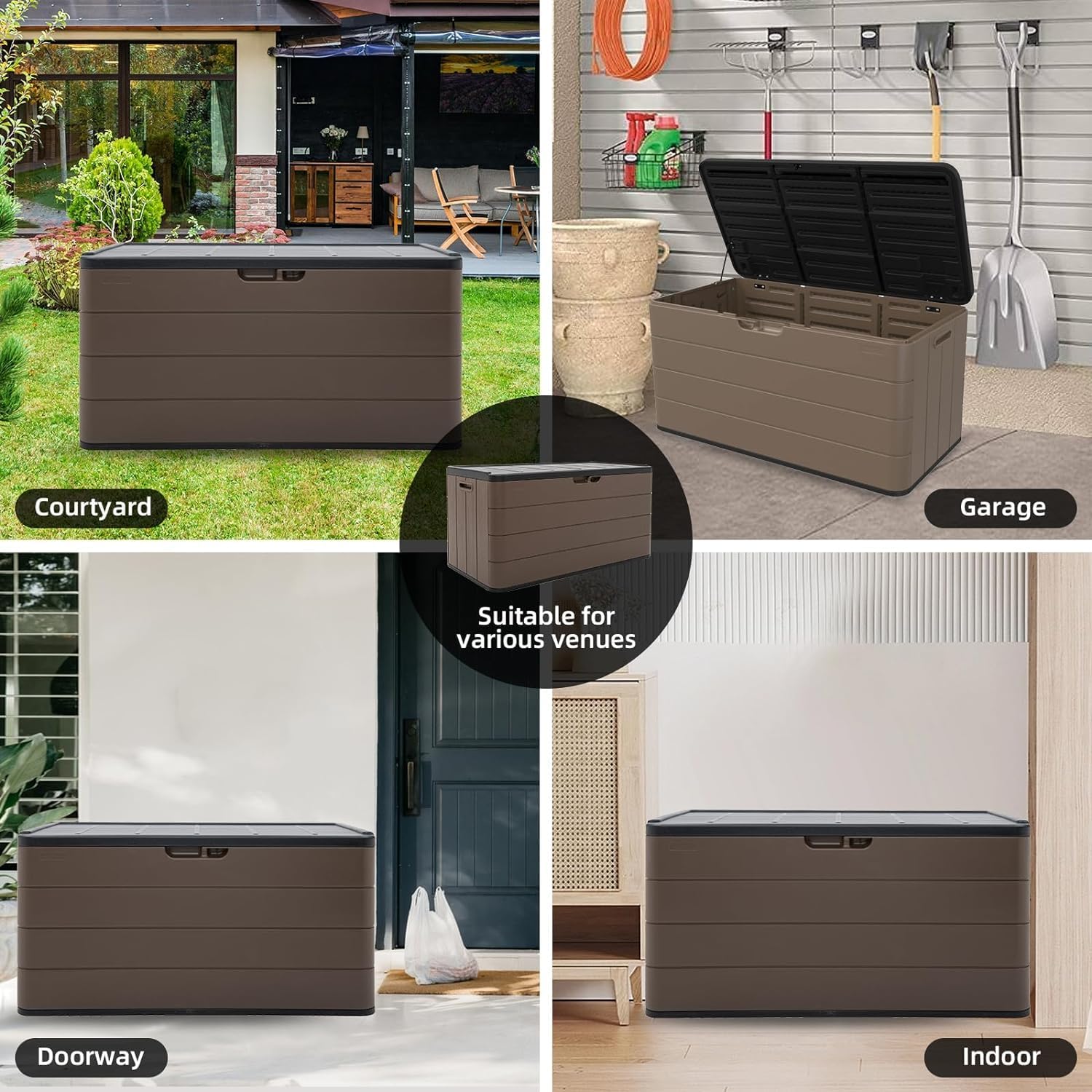 100 Gallon Large Resin Deck Box - Lockable Waterproof Outdoor Storage Bench for Patio Cushions, Garden Tools & Pool Accessories - Wood-Look Texture, Weather-Resistant for Backyard & Porch-VerdiqueGarden