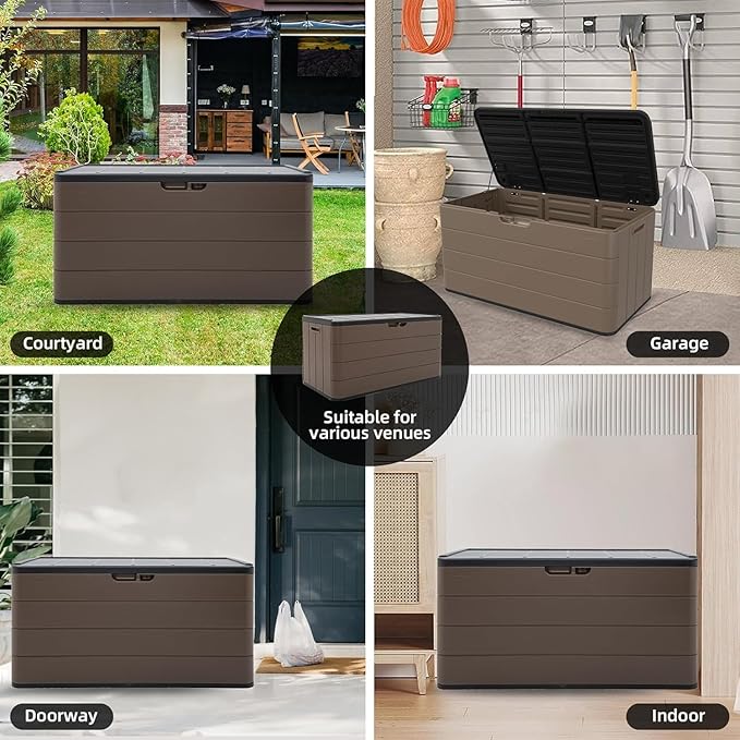 Premium Pro Edition 100 Gallon Lockable Resin Deck Box, Waterproof & UV-Resistant Outdoor Storage Box for Outdoor Cushion Storage, Garden Tools & Pool Accessories Storage, Brown-VerdiqueGarden