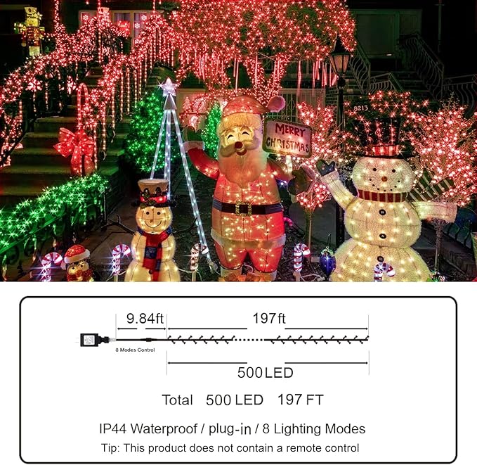 KNONEW 197FT 500 LED Christmas Lights Outdoor String Lights 8 Modes & Time Memory Fairy Light Plug in Waterproof LED String Lights for Xmas Yard Tree Wedding Party Holiday Decorations (Red)-VerdiqueGarden