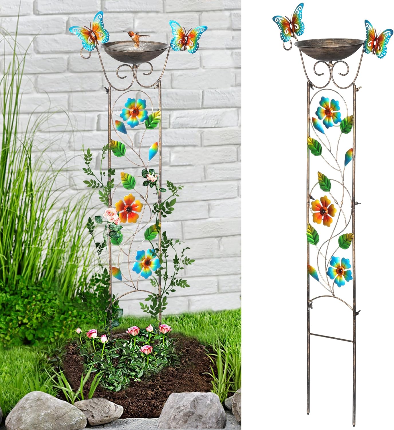 LEWIS&WAYNE Garden Trellis Bird Bath Outdoor, 40 Inch Antique Iron Garden Plant Trellis Decorative with Floral-Butterflies and Detachable Drinking Basin Bowl, Free Standing BirdBath Birdfeeder Station-VerdiqueGarden