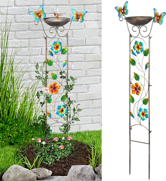 LEWIS&WAYNE Garden Trellis Bird Bath Outdoor, 40 Inch Antique Iron Garden Plant Trellis Decorative with Floral-Butterflies and Detachable Drinking Basin Bowl, Free Standing BirdBath Birdfeeder Station-VerdiqueGarden