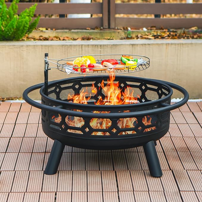 36 Inch Fire Pit, Outdoor Wood Burning Firepit with Removable Grill & Poker, Heavy Duty Metal Round Fireplace,2 in 1 Large Bonfire for Outside,BBQ,Yard,Patio-VerdiqueGarden