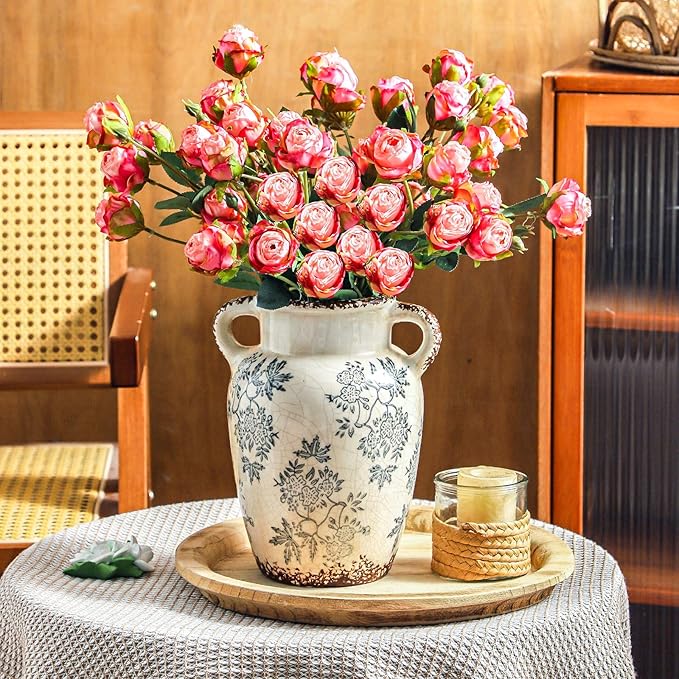 Enra Vintage vase with Handle,9.4 inch Blue and White Ceramic Decorative Flower vase, Chinoiserie Floral Vase,Large Rustic Vases for Home Decors, Living Room, Bookshelf, Office-VerdiqueGarden