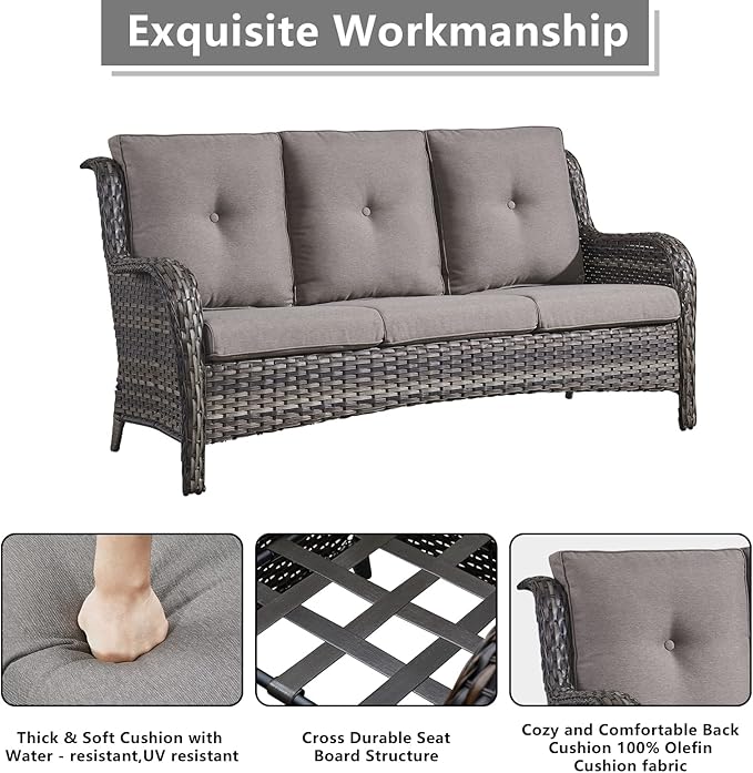 Outdoor Wicker Patio Furniture Set - 6 Piece Rattan Patio Conversation Set with 2 Rocking Swivel Chairs,2 Ottomans,1 Sofa and 1 Side Table for Porch Deck Backyard Garden(Mixed Grey/Grey)-VerdiqueGarden