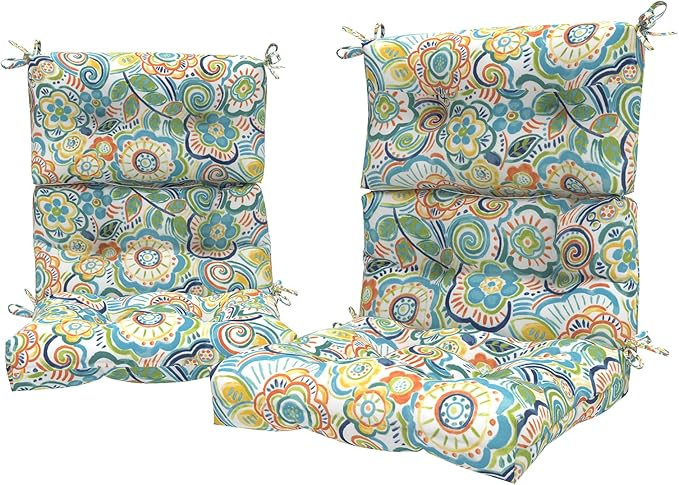 LVTXIII Outdoor Seat/Back Chair Cushion Patio Tufted High Back Cushion, Seasonal Replacement Rocking Chair Cushion with Ties (22” W x 20D”, Set of 2, Flower Blue)-VerdiqueGarden