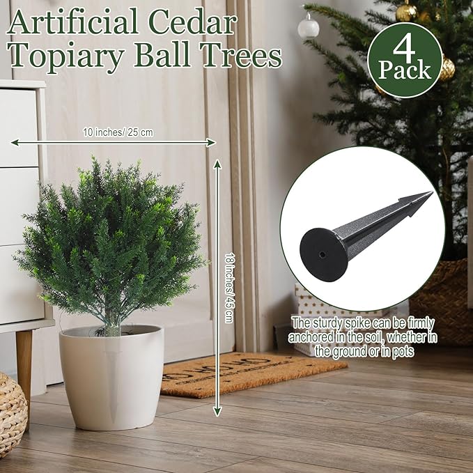 Yunlly 4 Pcs Artificial Cedar Topiary Ball Fake Tree 18" Bush Front Porch Decor Artificial Shrubs for Outdoors Faux Cypress with Ground Spike, Evergreen Plants for Indoor Garden Patio, UV Resistance-VerdiqueGarden