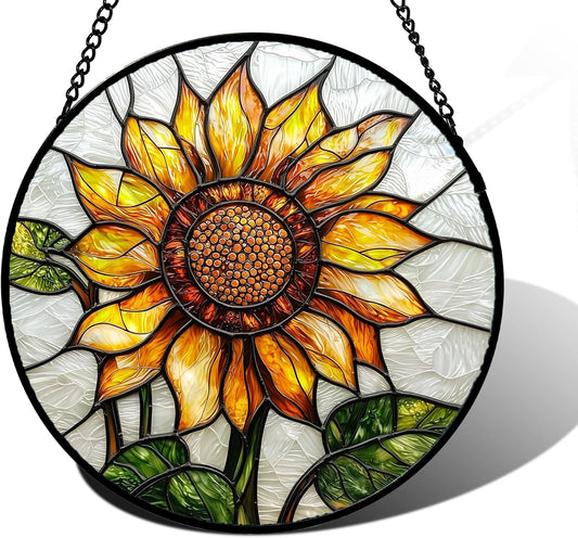 Stained Glass Window Hanging - Sunflower Flower Suncatcher Ready to Hang Window Doors Home Decoration and Christmas, Mother's Day Birthday Gifts for Women, Men, and Mom 9.8x9.8 in-VerdiqueGarden