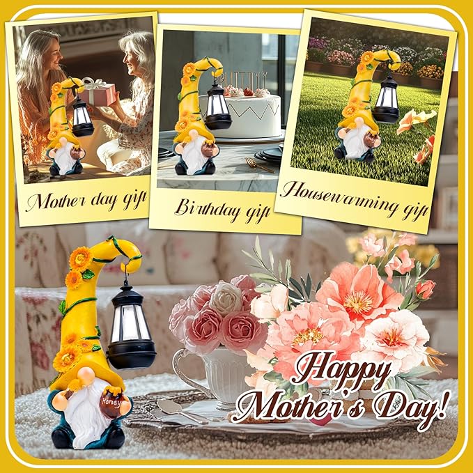 Twinbling12 Solar Sunflower Gnome Garden Statues Honey Bee jar Decor with LED Lantern Outdoor Summer Gnomes Decorations Patio Yard Balcony Art Gifts for Women Mom Grandma-VerdiqueGarden