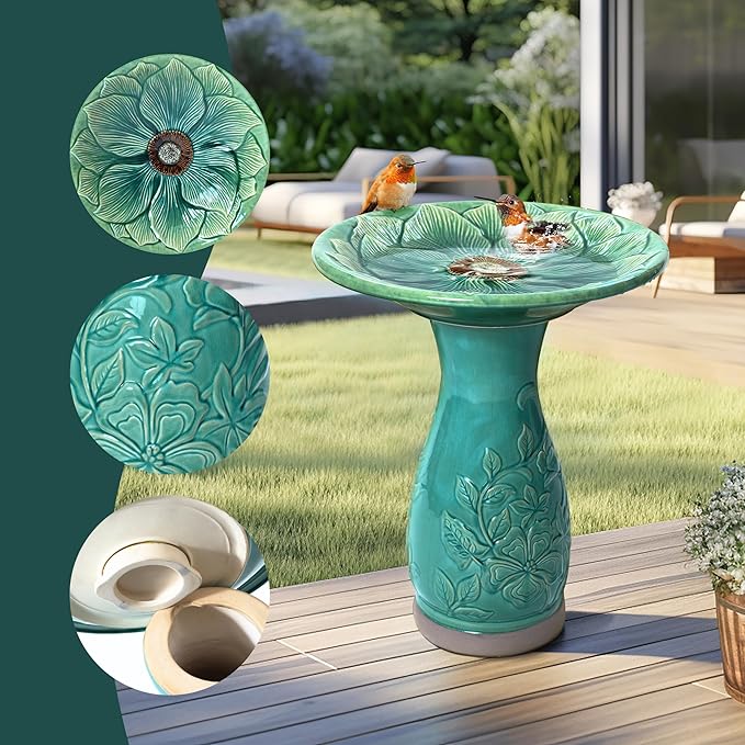 LuxenHome 23 Inch Ceramic Bird Bath for Outside, Elegant Tall Outdoor Bird Bath, Lightweight Pedestal Glazed Birdbaths for Outdoors with Floral Embossed Design, Jade Green-VerdiqueGarden