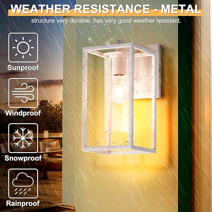 Pia Ricco Outdoor Wall Lights, Outdoor Wall Lantern with Circular Clear Glass Shade, Waterproof Exterior Lighting Fixtures, Modern Front Porch Lighting for House, Garage, E26 Base, ETL Listed, White-VerdiqueGarden