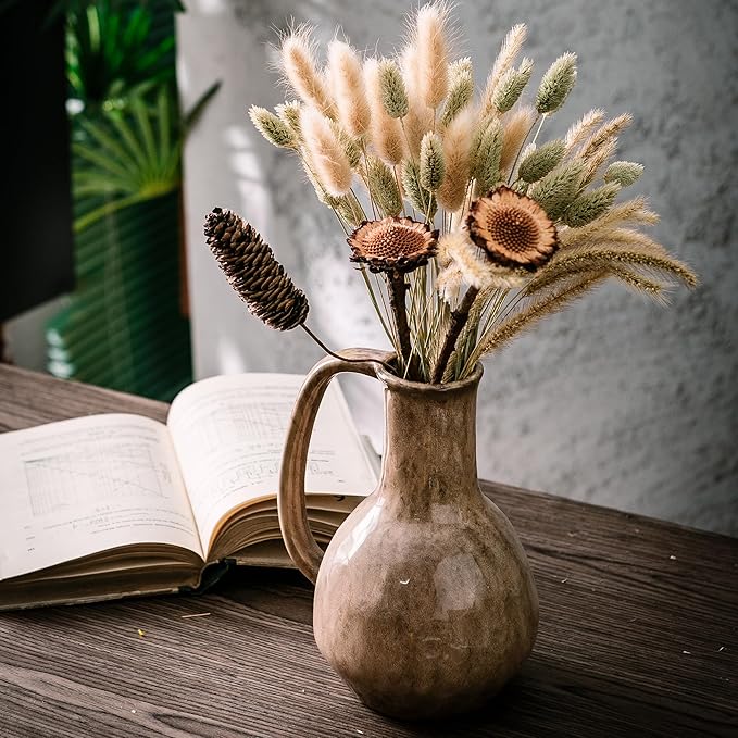 Brown Ceramic Vase with Big Handles, Modern Farmhouse Decor, Rustic Pottery for Flowers, Decorative Terracotta Centerpiece for Dining Table-VerdiqueGarden