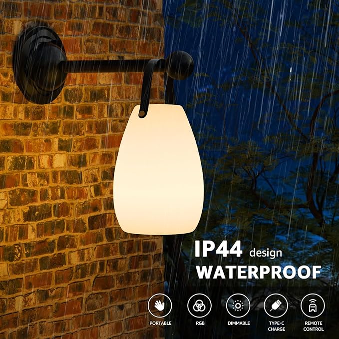 uuffoo Portable Outdoor Table Lamp, Dimmable Cordless Lamp with Remote and 7 RGB Colors IP44 Waterproof Hanging Lamp Indoor/Outdoor Night Lamp Lantern for Bedroom Garden Dining Camping-VerdiqueGarden