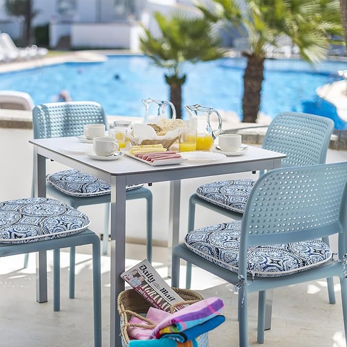 Indoor/Outdoor Chair Cushions 16x17 Inch, Patio Chair Cushions with Ties, All Weather Seat Cushions for Patio Furniture Home Garden Chair Use, Set of 2,Medallion Blue-VerdiqueGarden