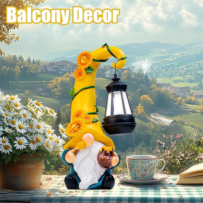 Twinbling12 Solar Sunflower Gnome Garden Statues Honey Bee jar Decor with LED Lantern Outdoor Summer Gnomes Decorations Patio Yard Balcony Art Gifts for Women Mom Grandma-VerdiqueGarden