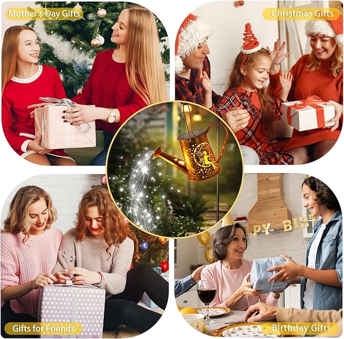 Big Solar Powered Watering Can Lantern & Moon Fairy Garden Decor Set Outdoor Waterproof Hanging Path Lights with Shepherd Hooks, Perfect Patio Decor Gardening Gift for Women, Mom, Grandma (Cool White)-VerdiqueGarden