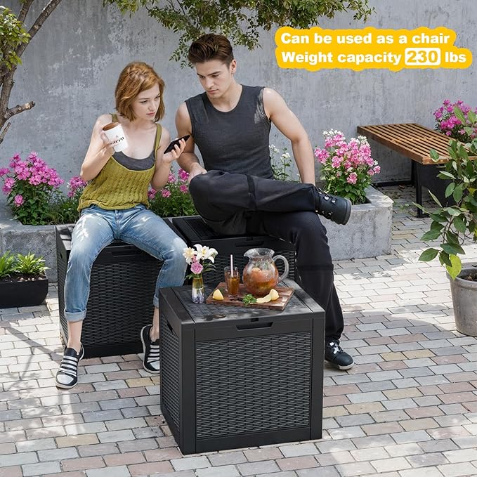 30 Gallon Wicker Pattern Resin Deck Box, Lockable Patio Outdoor Storage Box for Furniture, Garden Tools and Tools Storage, Waterproof Outside Storage Box - Black Rattan-VerdiqueGarden