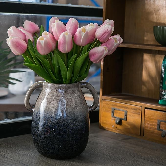 Brown Gradient Ceramic Vase with 2 Handles, Modern Farmhouse Decor, Rustic Terracotta Pottery, Decorative Flower Vases, Clay Small Vase, Centerpiece for Dining Table - 7 Inch Tall-VerdiqueGarden