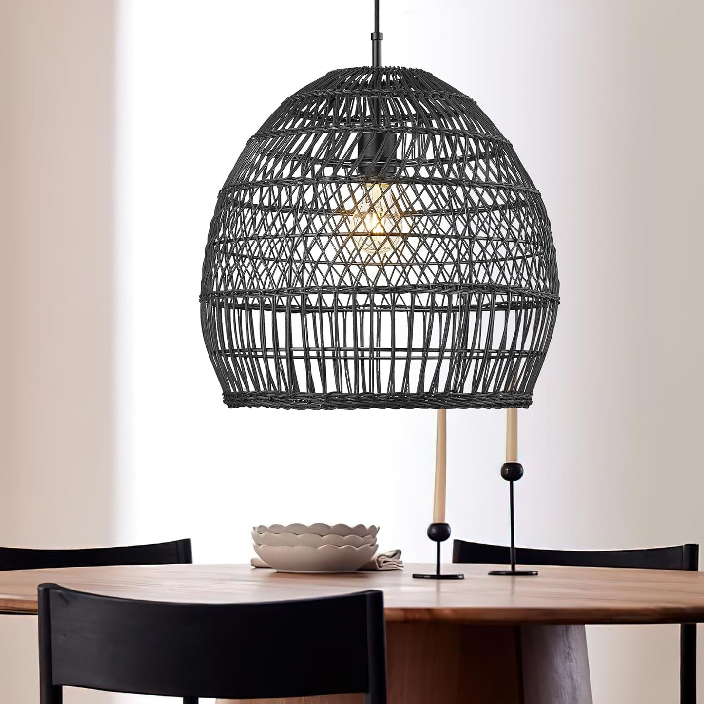 ELYONA 16” Large Rattan Pendant Light, Modern Black Wicker Chandelier, Hand Woven Boho Basket Hanging Light Fixtures for Farmhouse Dining Room Kitchen Island Living Room Bedroom Foyer (40cm*40cm)-VerdiqueGarden