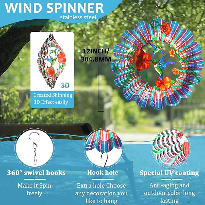 Hummingbird Wind Spinner,Hummingbird Gift for Women/Mother/Father,12In Stainless Steel 3D Wind Spinner Hanging Kinetic Yard Garden Christmas Ornaments,Outdoor & Indoor Wind Sculptures-VerdiqueGarden